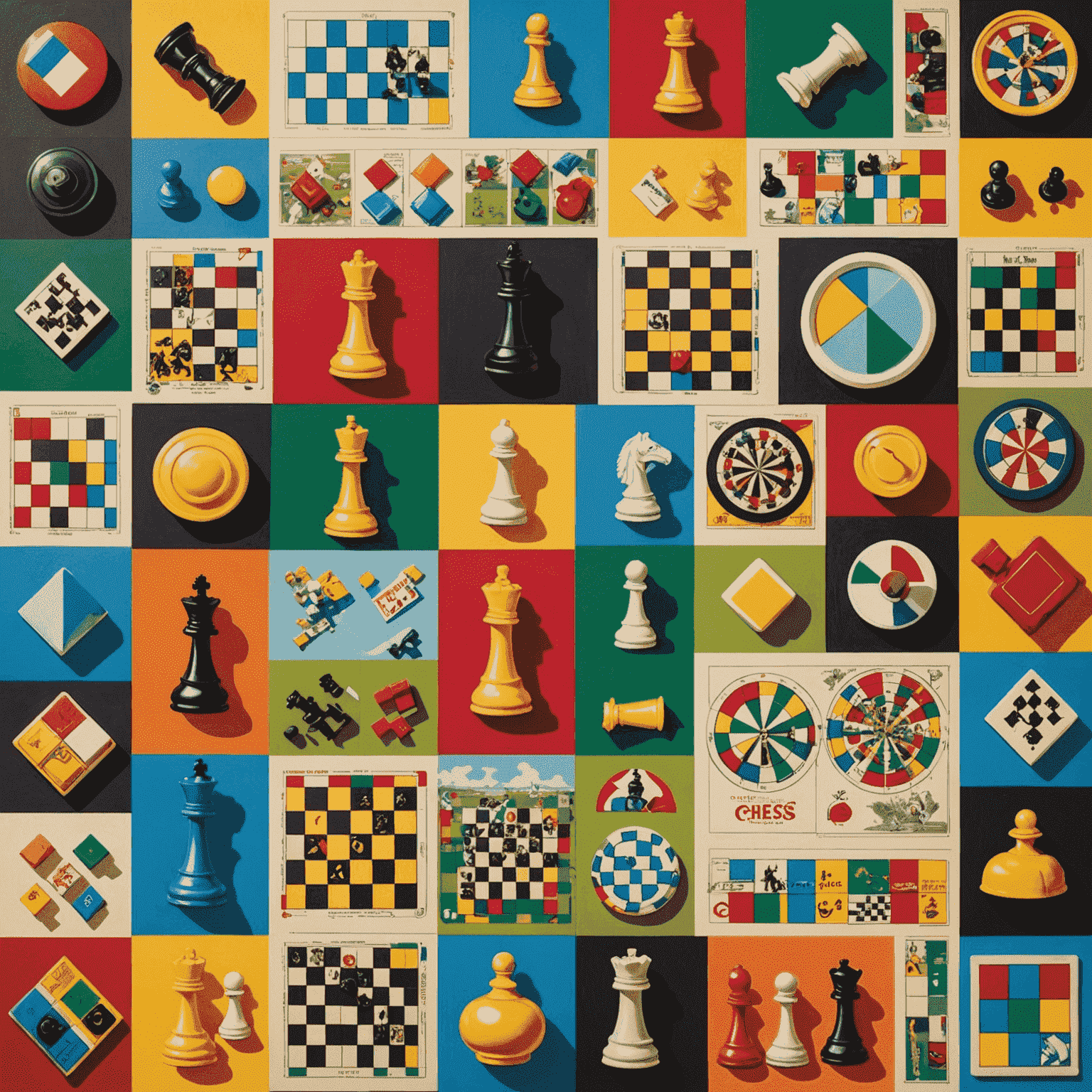 A colorful collage of various classic and modern board games, including chess, Monopoly, Catan, and Ticket to Ride, arranged in a playful, overlapping composition