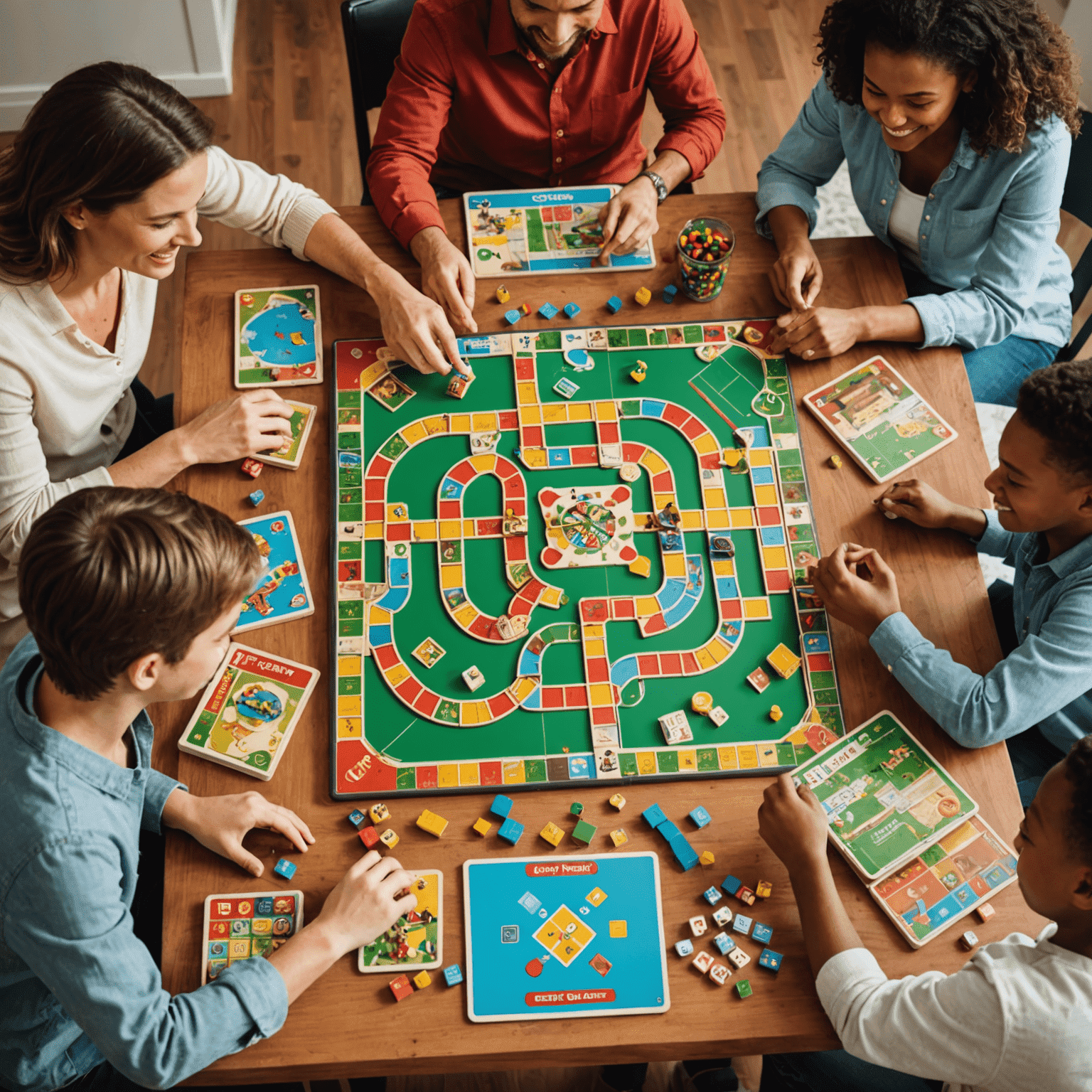 A collection of colorful family board games spread out on a table, with happy family members playing together