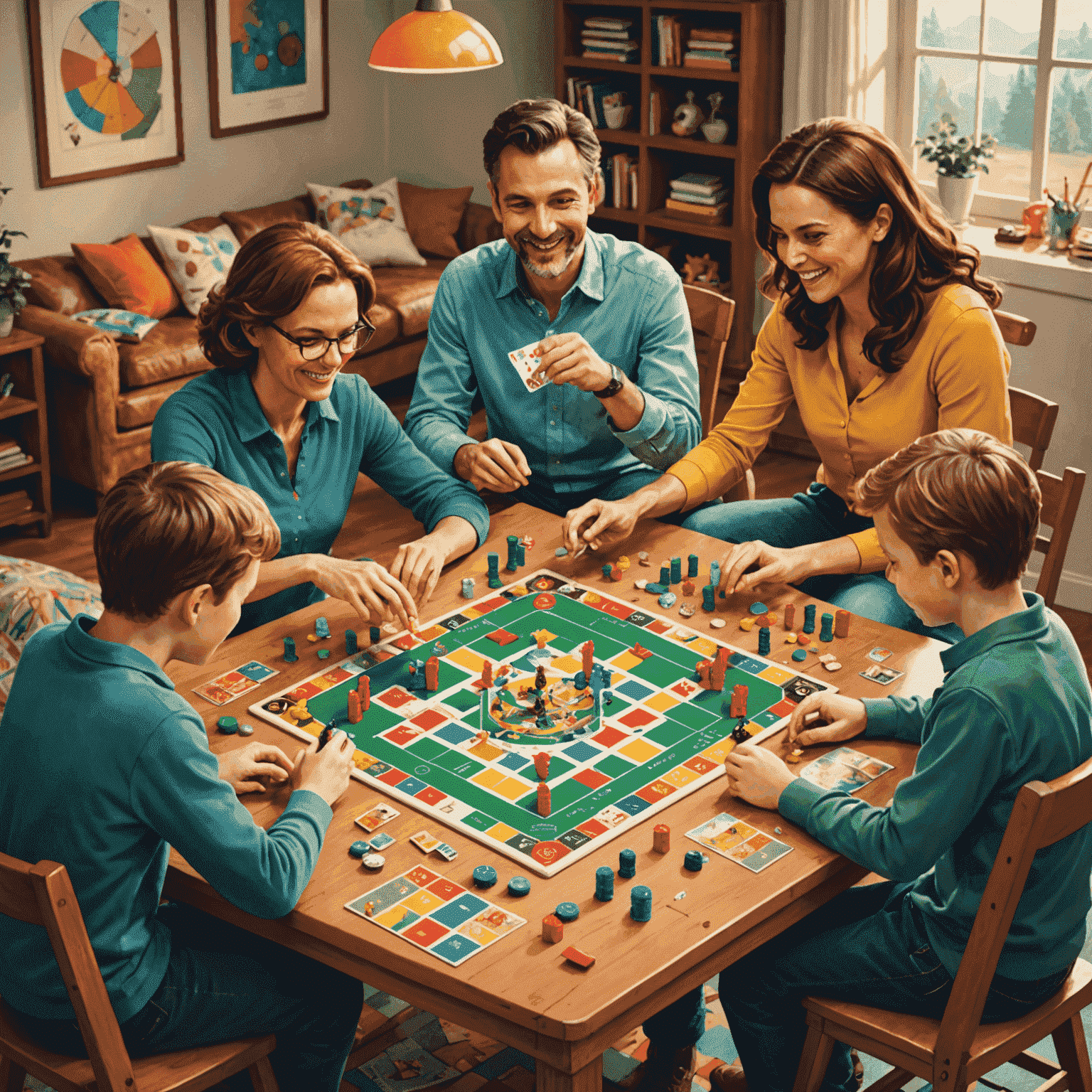 Colorful illustration of a family playing board games together, with game pieces flying around them in a whimsical manner