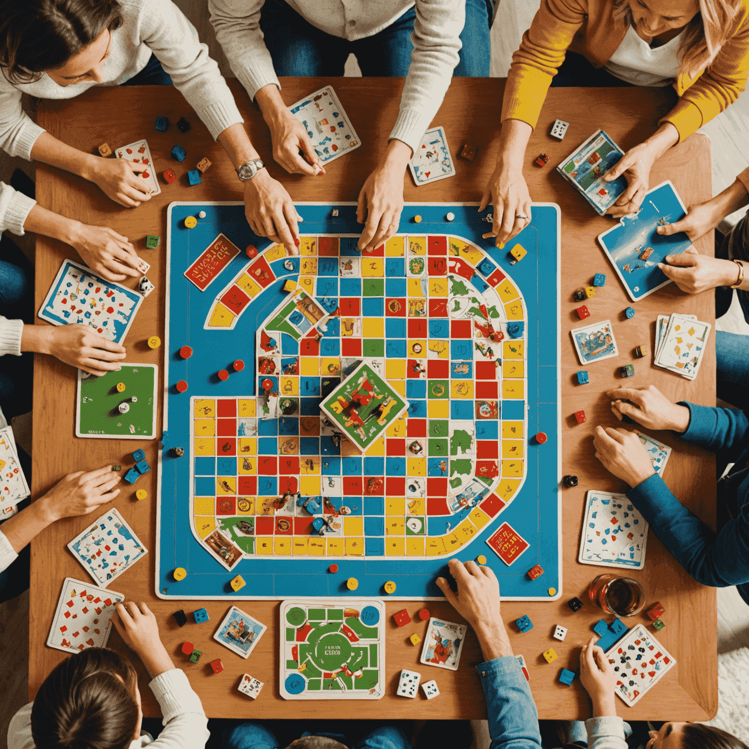 A colorful collage of various board games spread out on a table, with happy family members of different ages gathered around, reaching for game pieces and laughing together