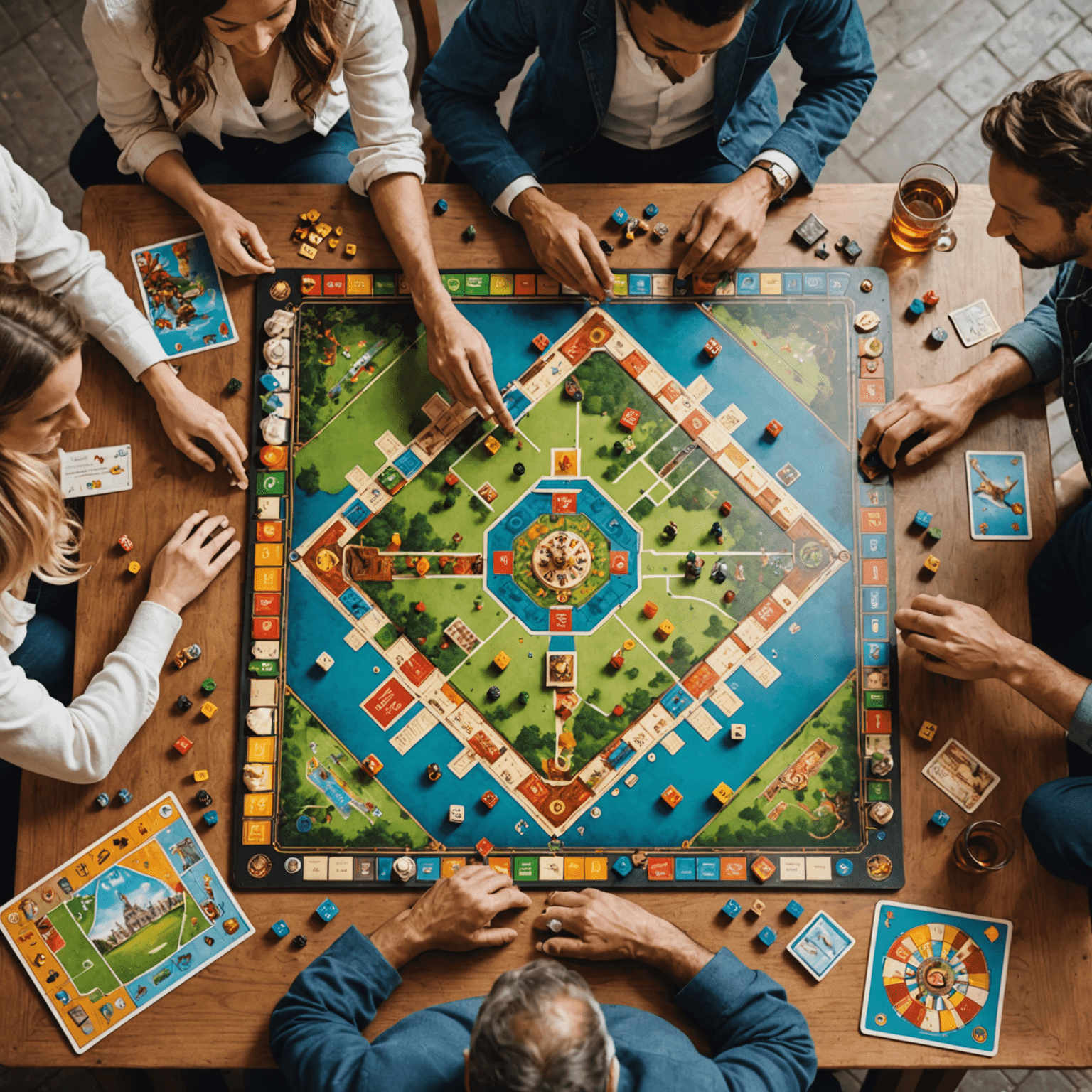 A group of diverse French people gathered around a table, engrossed in a complex strategy board game. The image showcases colorful game pieces, cards, and a large game board with intricate designs.