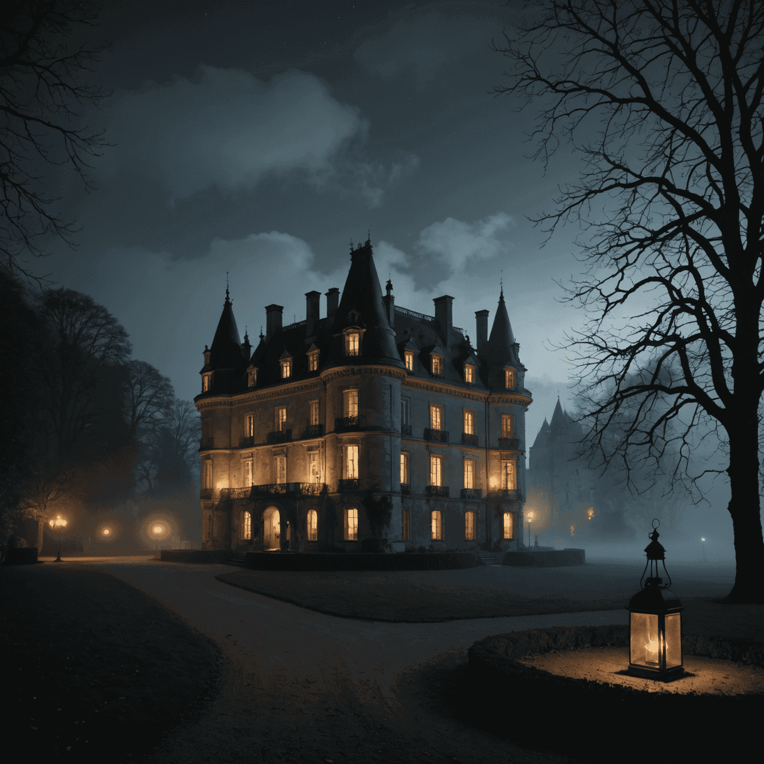 A mysterious French château at night, with shadowy figures in the windows and a swirling mist in the foreground. The game box for 'Château Mystère' is prominently displayed in the foreground.