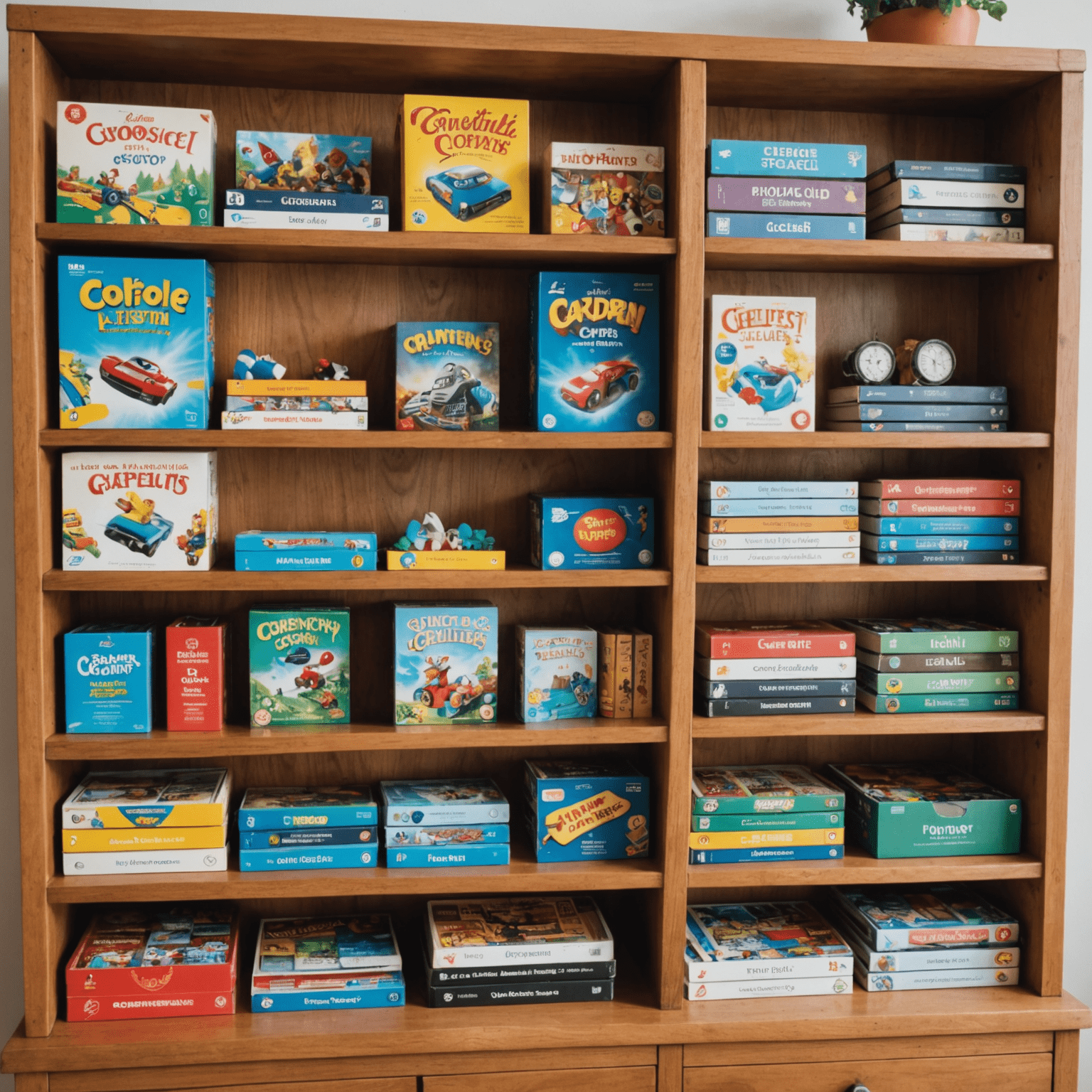 A collection of well-maintained board games neatly arranged on a shelf, with cleaning supplies and storage solutions visible