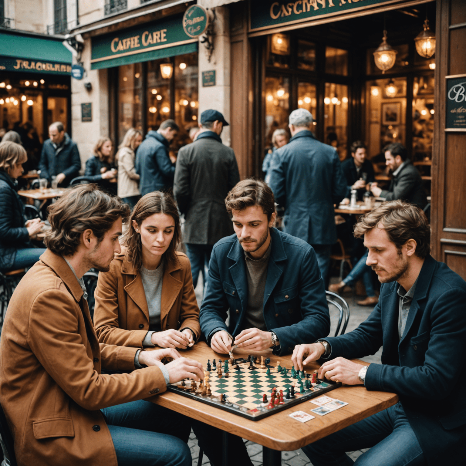 A group of French people engrossed in playing complex strategy board games in a Parisian café