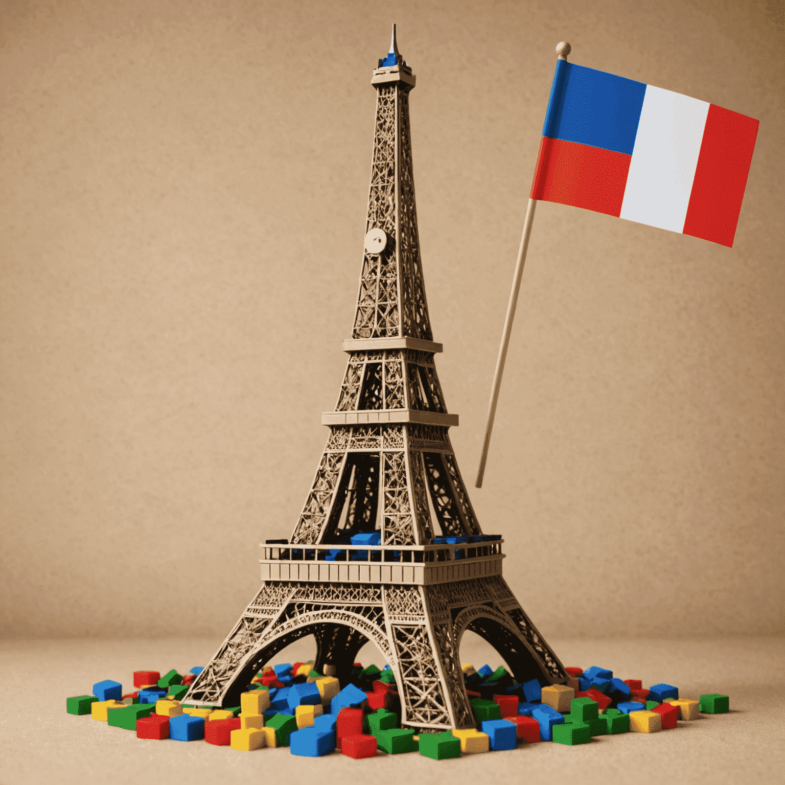 Illustration of the Eiffel Tower made out of various strategy game pieces, with French flag colors in the background