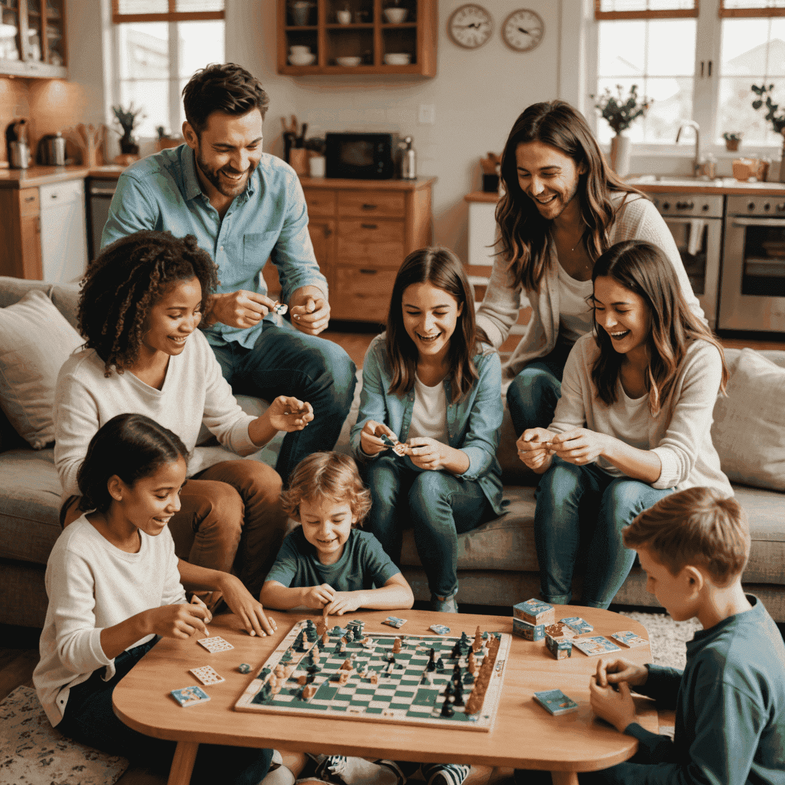 A split image showing four different families playing board games in their homes, each with a different game from the list and displaying various emotions of excitement, concentration, and joy