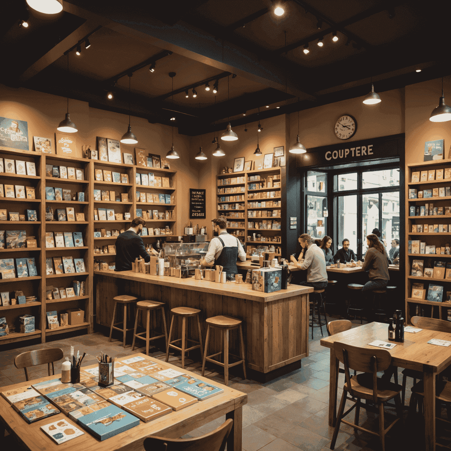 Interior of a trendy French board game cafe, with shelves full of colorful game boxes, groups of people playing at tables, and a barista preparing coffee in the background.