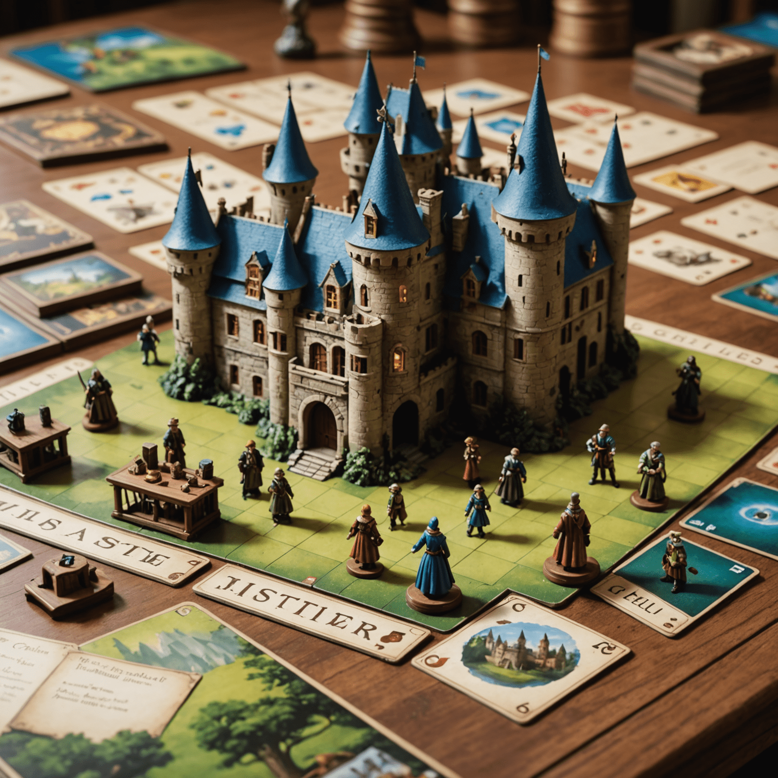 Close-up of the 'Château Mystère' game components, including character figurines, clue cards, and the 3D château game board.