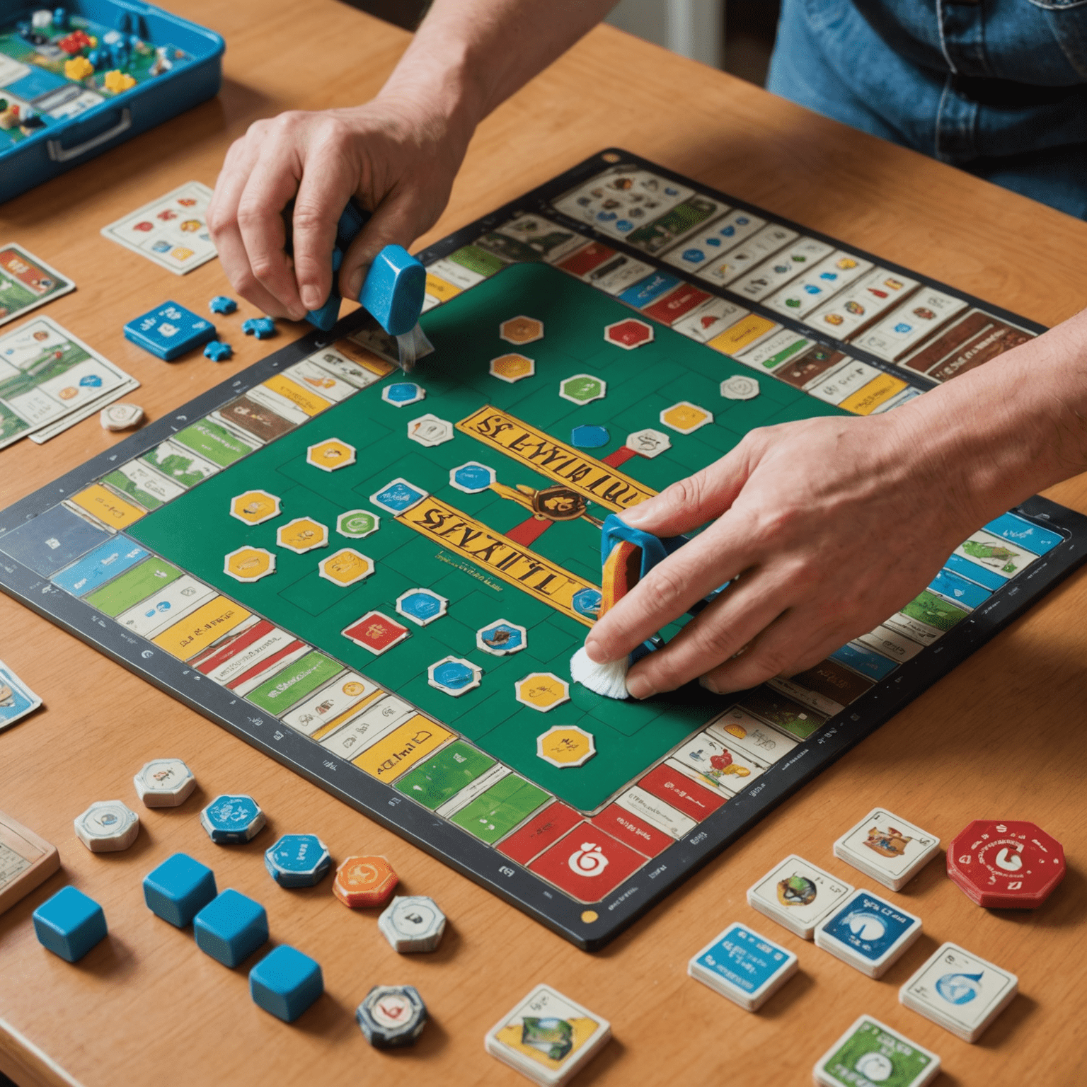 A person carefully cleaning a board game with appropriate supplies, demonstrating proper maintenance techniques