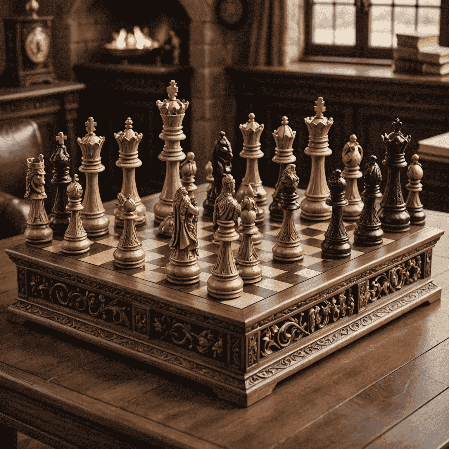 A luxurious medieval chess set with ornately carved pieces representing kings, queens, knights, and other royal court members in intricate detail