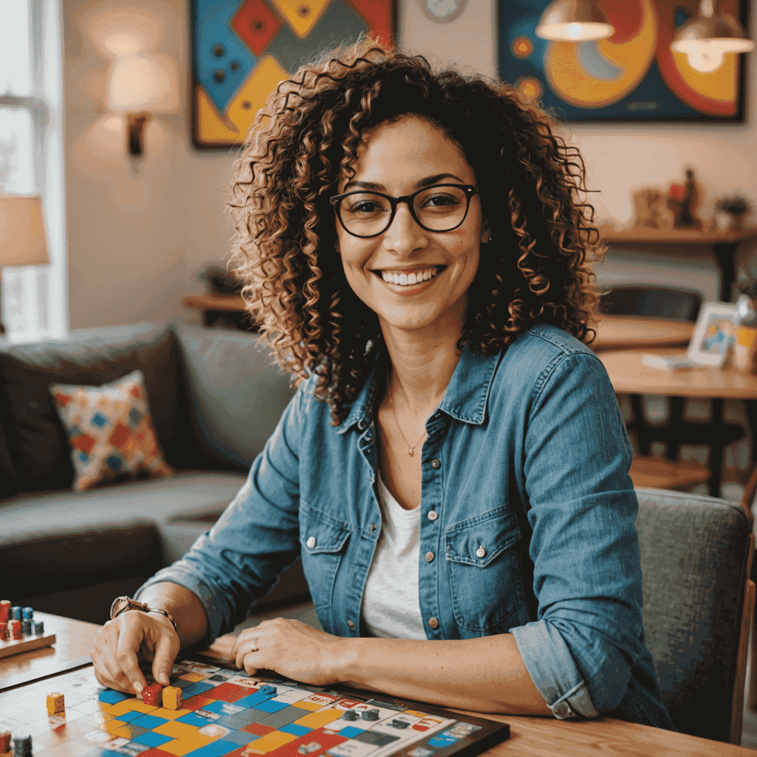 A friendly-looking woman in her 30s with curly hair and glasses, smiling warmly at the camera while holding a colorful board game