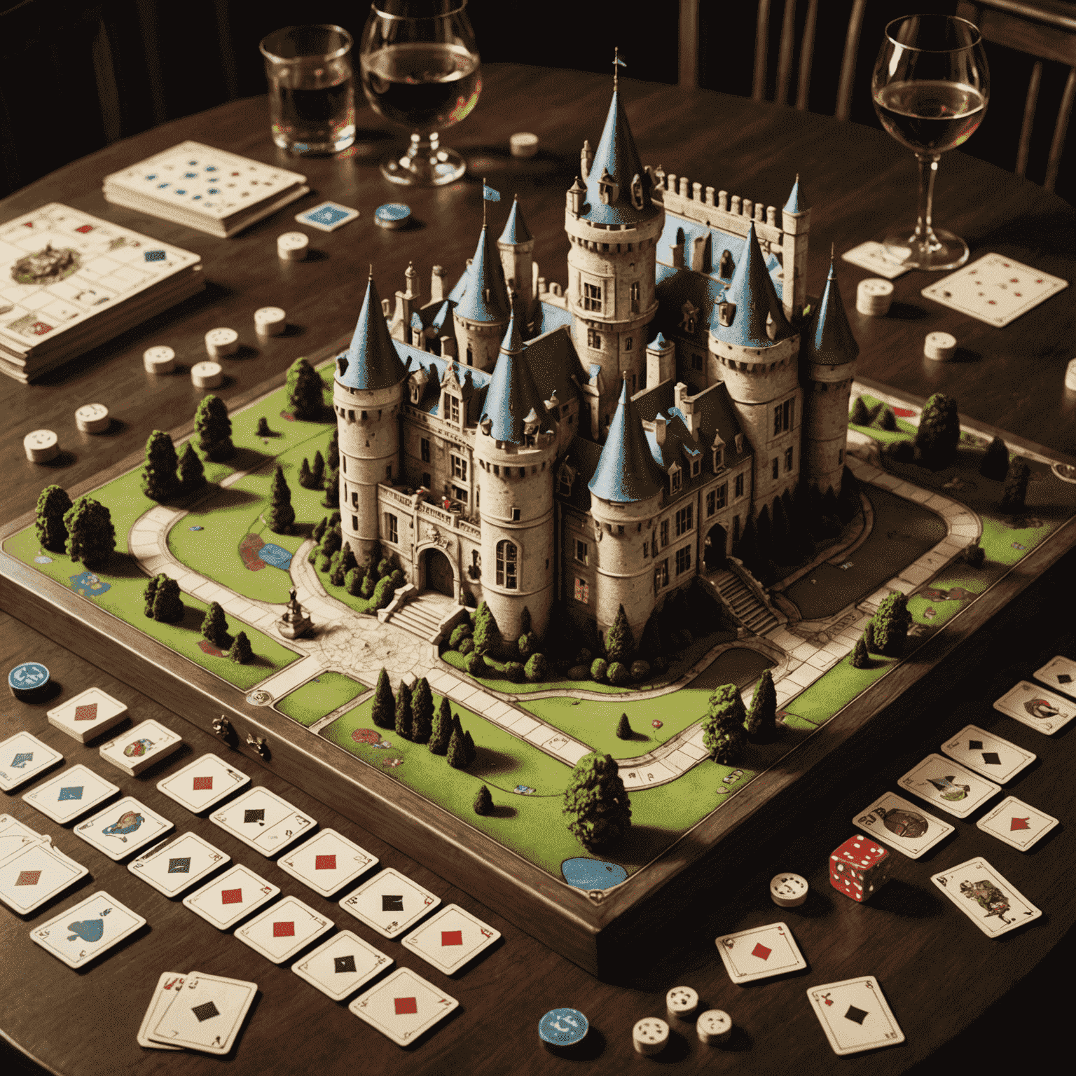 A mysterious and elegant board game set featuring a French château, with intricate game pieces and cards spread out