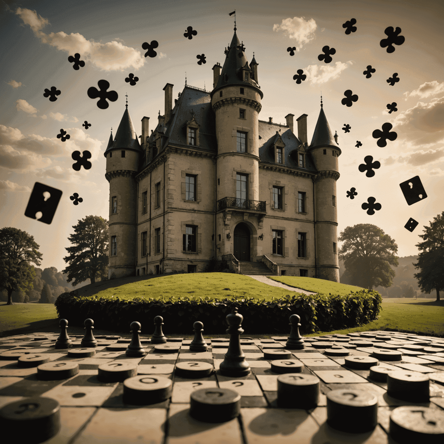 Mysterious French château silhouette with game pieces and question marks floating around it