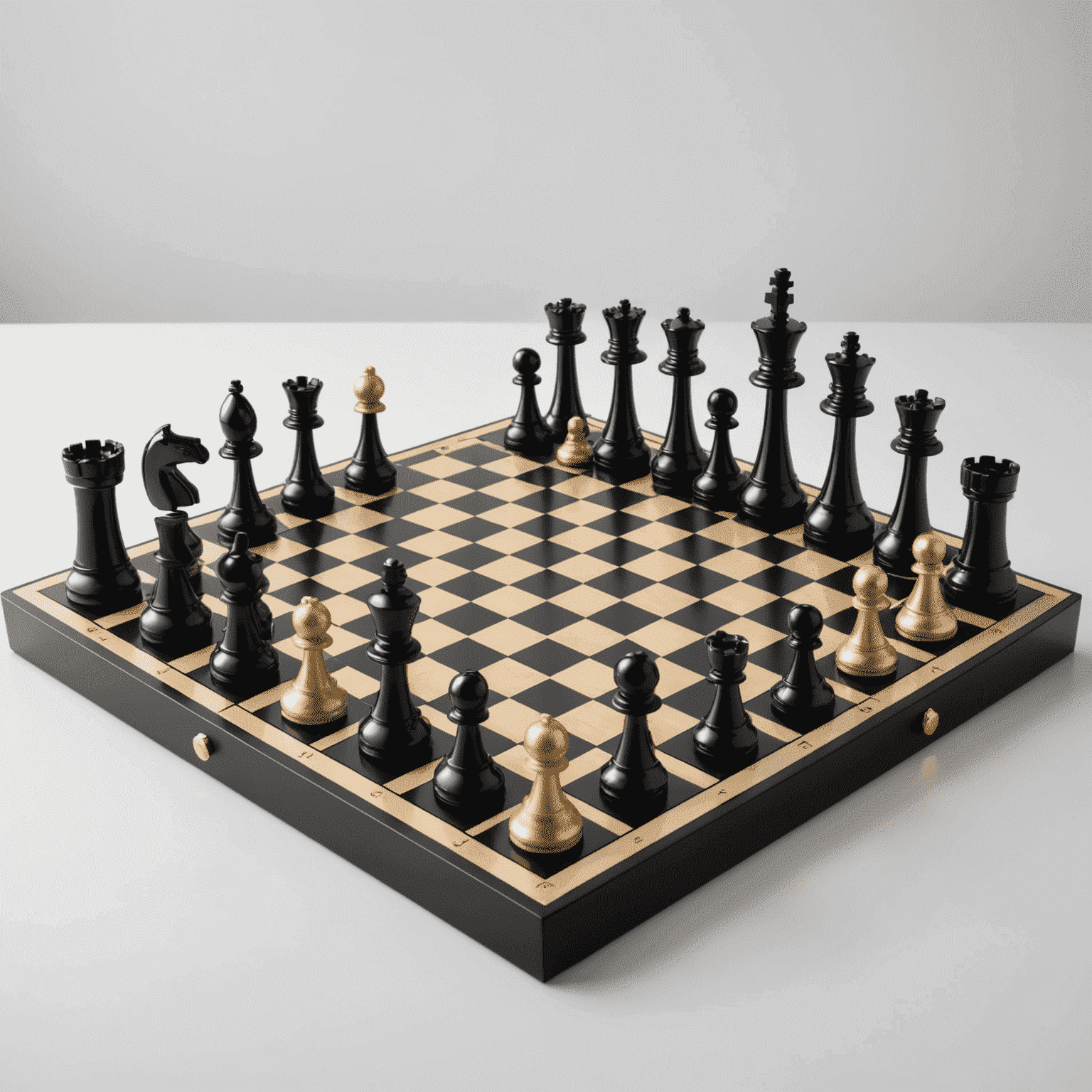 A minimalist chess set with pieces made from sleek, geometric shapes in contrasting materials like glass and metal