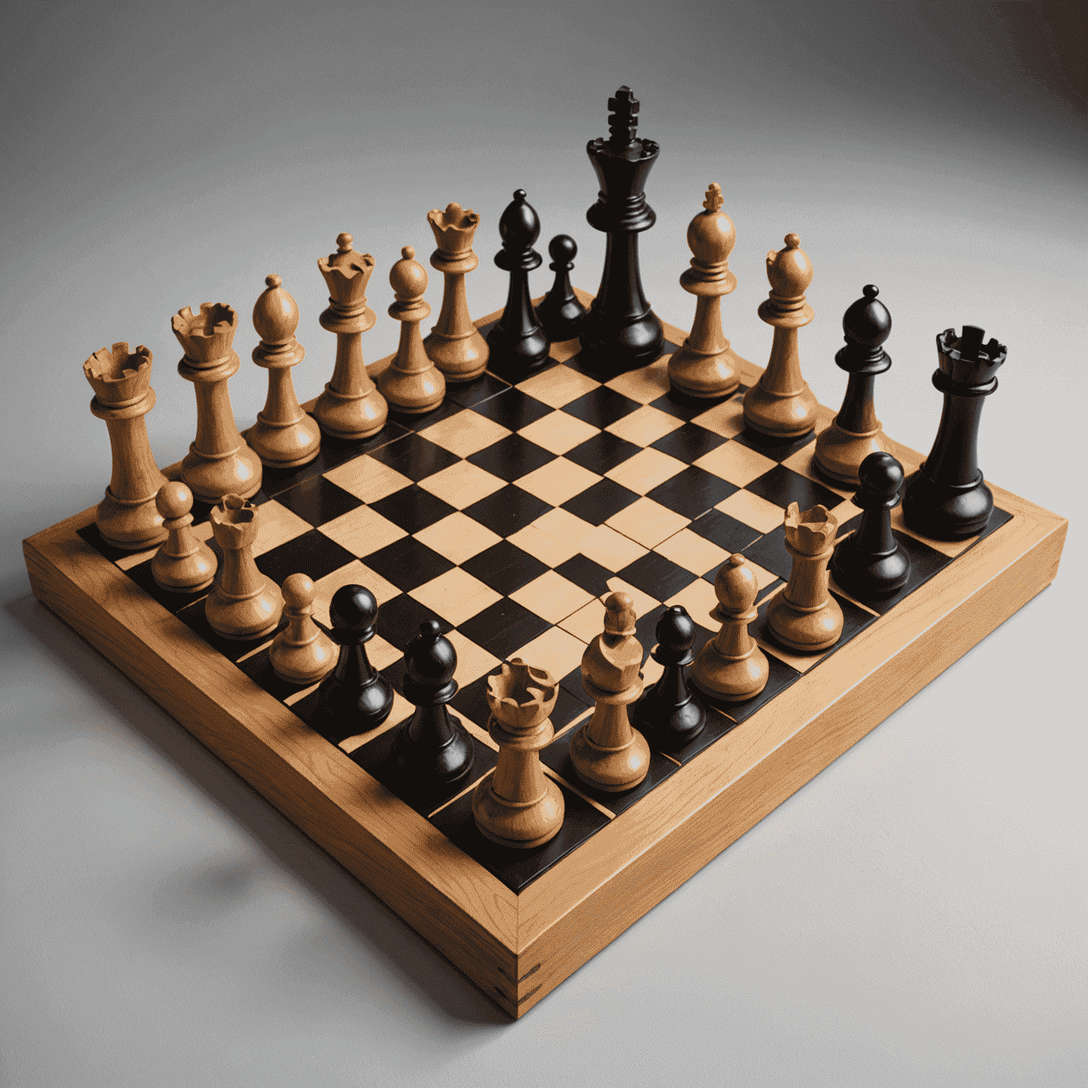 An avant-garde chess set where pieces are abstract sculptures, each uniquely representing its role through form rather than traditional imagery