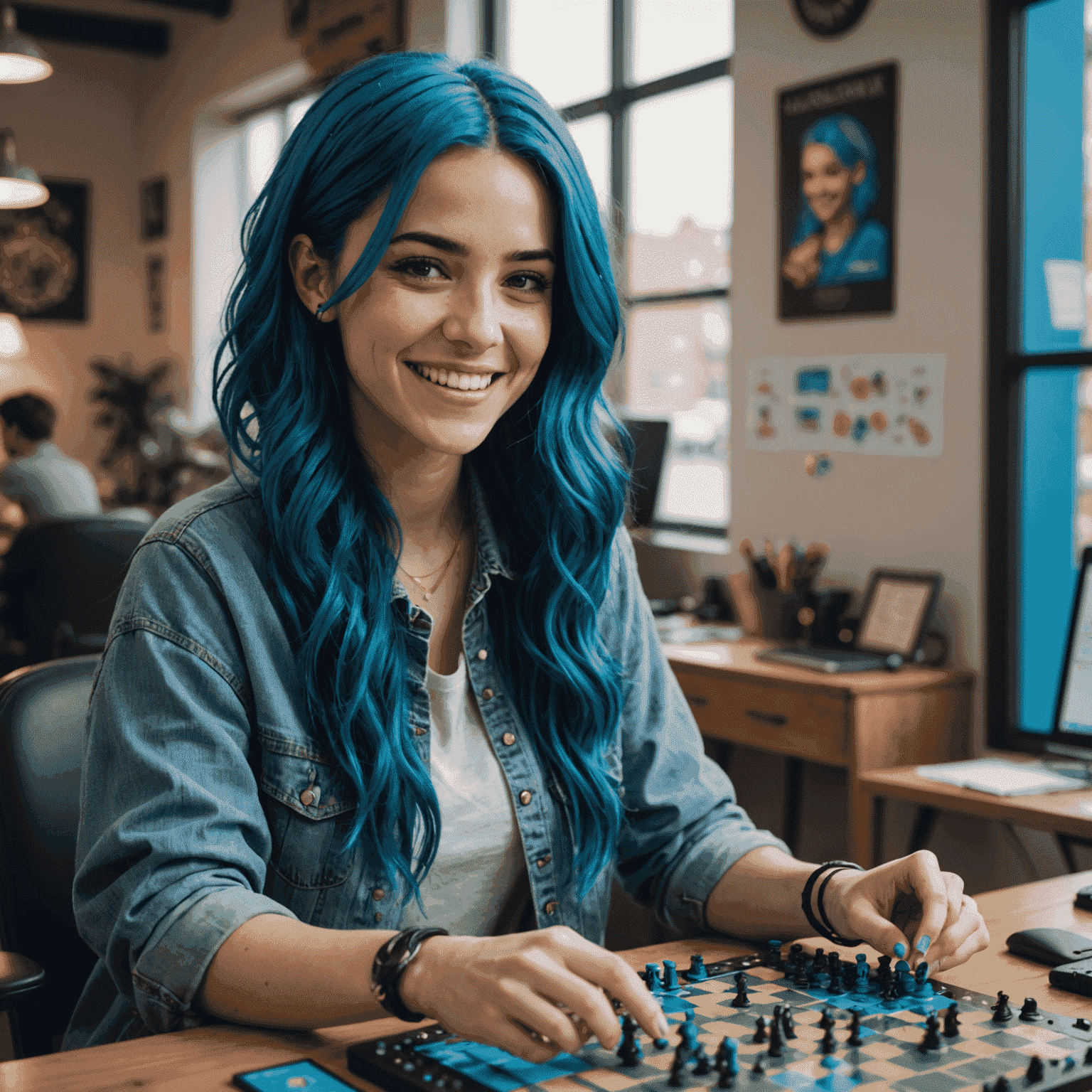 A young woman in her 20s with vibrant blue hair, smiling excitedly while setting up a complex strategy game