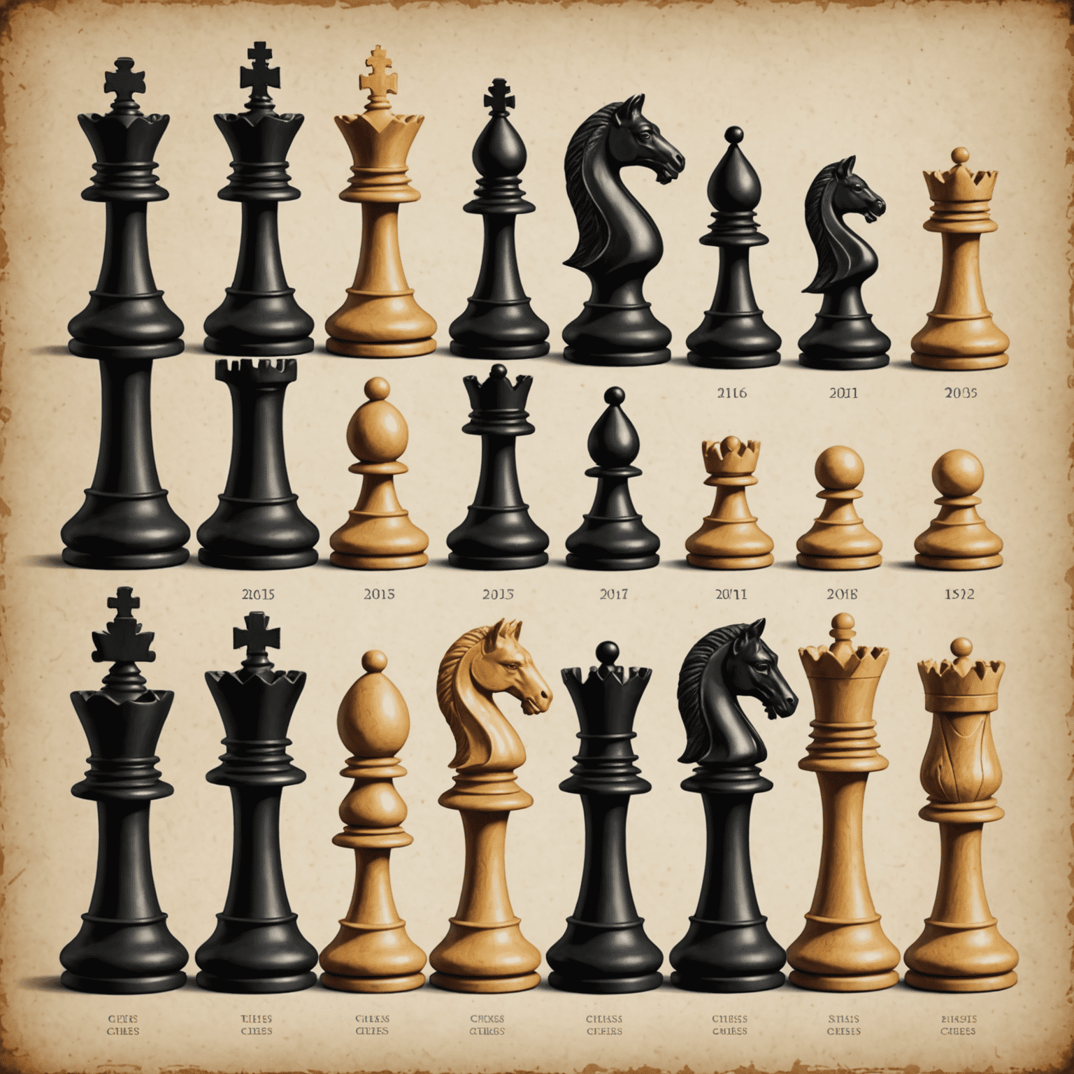 Timeline illustration showing the evolution of chess pieces from ancient to modern designs